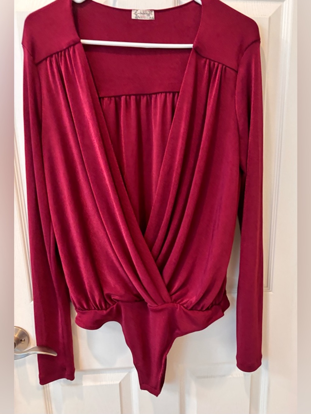 Free People Intimately Draped Surplice Long-Sleeve Bodysuit in Berry